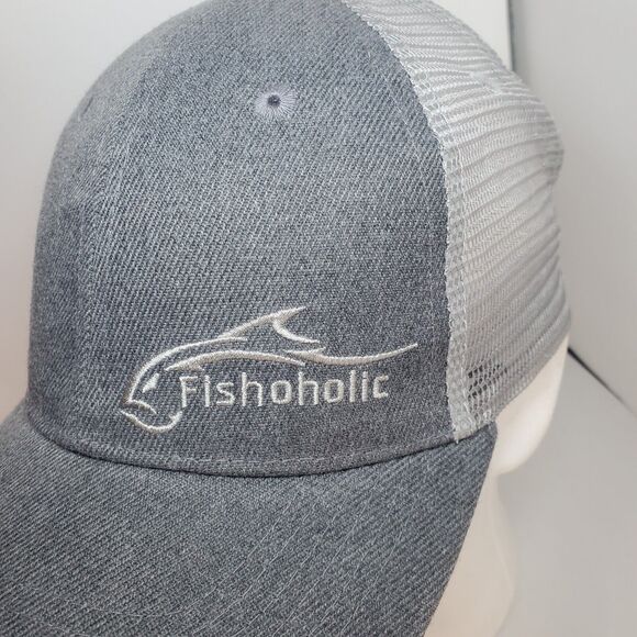 Fishoholic Mens Mesh Back Trucker Hat Snapback Hunting Fishing Gorpcore Gray - Picture 3 of 7